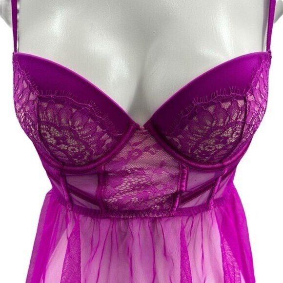 Victorias Secret 34C Sheer Lingerie Babydoll Dress Purple Mesh Underwire Push Up - Picture 5 of 12